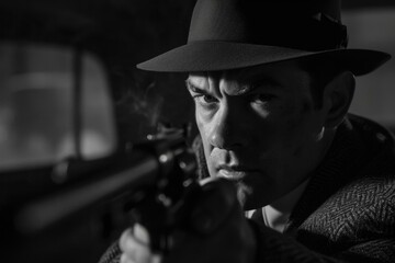 Vintage film noir style detective with a fedora hat aiming a revolver - obrazy, fototapety, plakaty