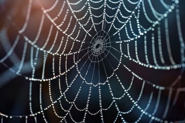 Dew-covered spider web glistening in the early morning light