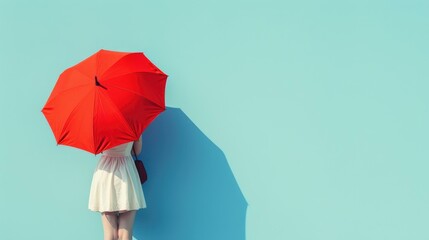 Woman with red umbrella seen from behind against a light pastel blue wall with copy space