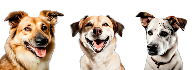 Three grinning dogs with warm expressions, each with distinctive fur markings, in PNG format with transparent backgrounds. Dogs on white 