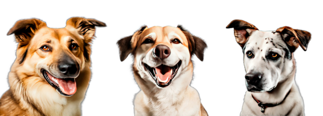 Three grinning dogs with warm expressions, each with distinctive fur markings, in PNG format with transparent backgrounds. Dogs on white 