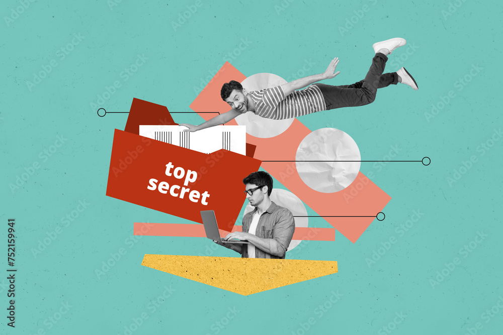 Poster Collage 3d pinup pop sketch image of hackers opening top secret computer files isolated green color background