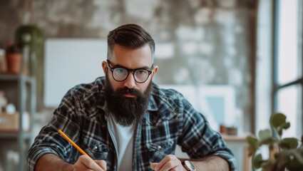 A man with a beard and glasses is writing with a pencil. He is wearing an orange apron and he is focused on his task