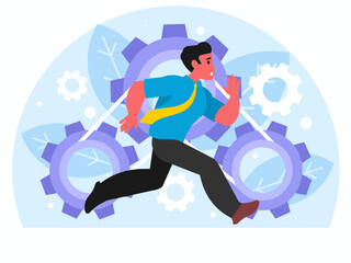 Running office worker. Man is late for a meeting. Deadline concept. Three-tooth gear mechanism. Hard work and teamwork concept. Vector graphics