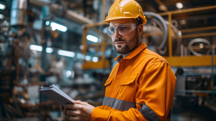 Focused engineer in hard hat and safety glasses holding clipboard in industrial setting.