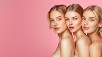 Trio of beautiful models with perfect skin and makeup posing against a pink background