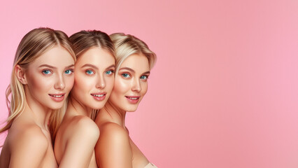 Three charming women with professional makeup smiling and posing on a pastel pink background