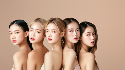 Lineup of six Asian women showcasing diverse beauty and hairstyles against a neutral backdrop