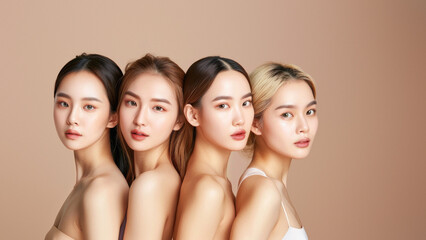 A quartet of Asian women with natural makeup posing for an elegant beauty portrait