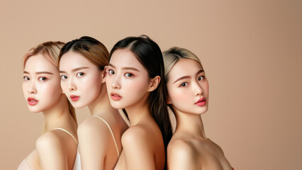Showcase of five Asian women with subtle makeup for a clean, natural beauty portrait