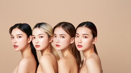 A collection of five Asian models with delicate makeup epitomizing natural beauty