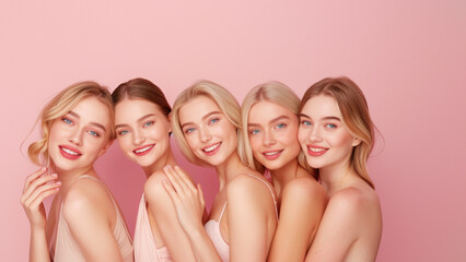 Group of six joyful women with vibrant makeup radiating beauty and happiness on pink