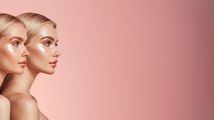 Dual portrait of women with slicked back hair and flawless makeup against a soft pink backdrop