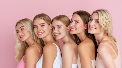 A lineup of five women in white tops face the camera with smiles, against a pink backdrop, highlighting themes of unity and beauty