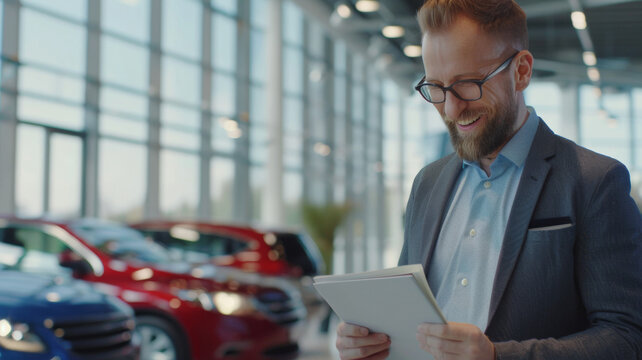 Businessman using a tablet in a bright car showroom with a pleased expression.