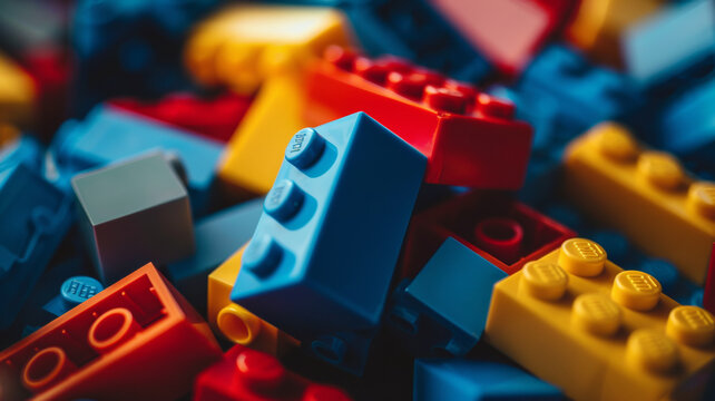 Colorful plastic building blocks scattered, highlighting creativity and play.