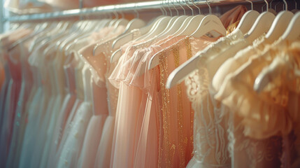 wedding dresses on racks in the bridal shop