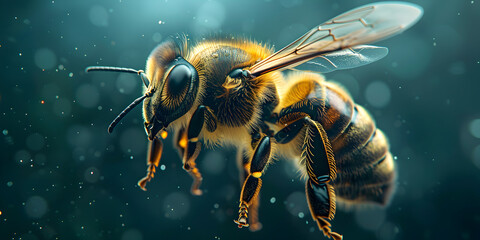  bee flying in search of its pollen Macro of a Bee Insect, Bee on a dark background. 3d rendering. - obrazy, fototapety, plakaty