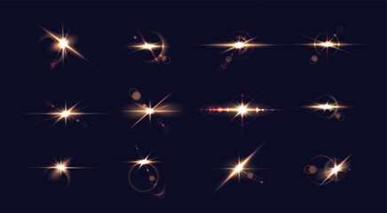 Golden light sparkles realistic vector illustration set. Bright color stars flashes in cosmos 3d elements on dark blue background. Glaring traces