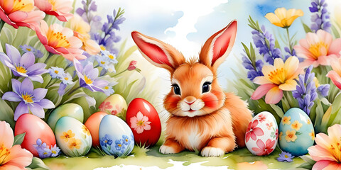 Watercolor Adorable red Easter Bunny among delicate spring flowers and painted Easter eggs,...