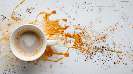 white mug and coffee spilled from it - obrazy, fototapety, plakaty