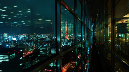 Night view of a bustling cityscape through modern office windows.