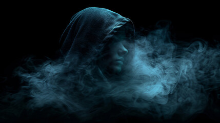 woman invisible in a hood on isolated black background smoke blue purple