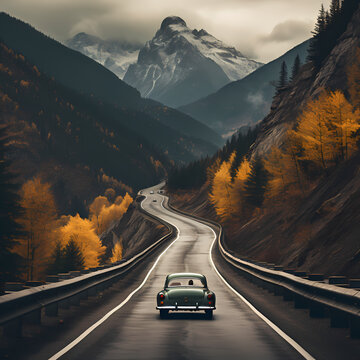 Fototapeta A winding mountain road with a vintage car.