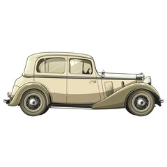 Classic Beige and Green Four-Door Car Illustration. Vintage Automobile Side View on transparent background PNG. Retro Family Car Design for Posters.