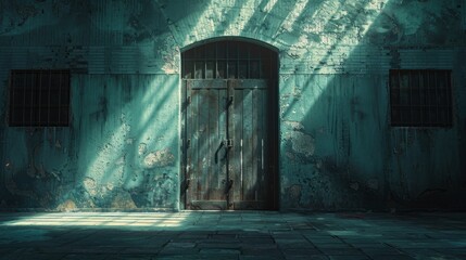 Dramatic shadows play on a vaulted door, hinting at secrecy and prevention, set in an atmospheric, high-security bank warehouse
