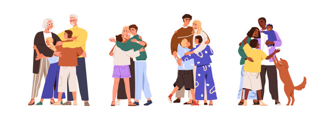 Happy families hugging. Parents and children embracing set. Reunion concept. Mom, dad, kids, granny, grandpa, pet cuddling together, supporting. Flat vector illustrations isolated on white background - 752161334
