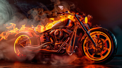 Burning motorcycle engulfed in fierce fiery orange flames and smoke.