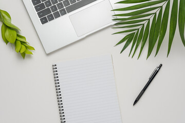 Workspace with blank notebook, laptop, office supplies and green leaves on white background.