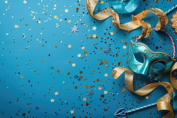 Grandiose Mardi Gras setting. Top-view photo with a bejeweled mask, golden ribbons, and multicolored confetti on a blue surface, ample space for your greeting or marketing content. Generated AI