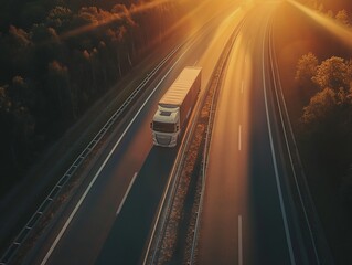 Captivating aerial view of a semi-truck cruising down a highway surrounded by a dense forest, illuminated by the warm golden rays of sunset.