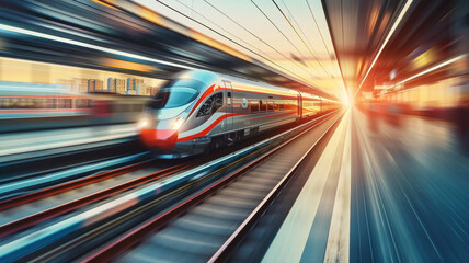 Speed redefined: high-speed train in motion on a dynamic and colorful city backdrop.