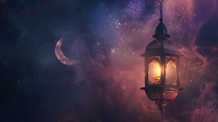 Golden lantern and crescent moon on a night sky with stars, A beautiful background for Ramadan kareem celebration