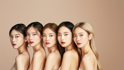 Five Asian women displaying a collective charm and simplicity in their poses and expressions against a muted background