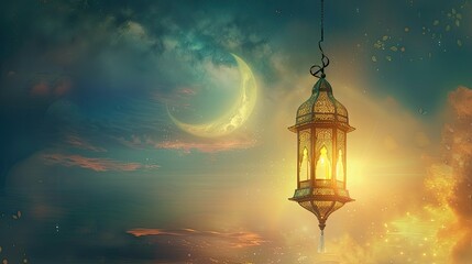 Fototapeta na wymiar Ramadan kareem greeting card with starry sky and golden lantern and moon, A gorgeous background for the Muslim celebration