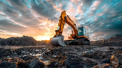 Poster Excavator in Various Landscapes at Sunset, To provide high-quality, visually stunning images of excavators in various landscapes at sunset for use in © Sittichok