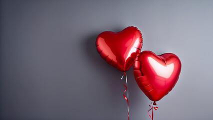 Red hearts balloons with free space for text on grey background, Valentine`s Day