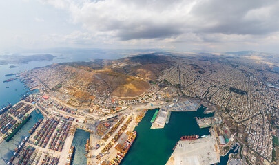 Athens, Greece. Cargo port with containers. Summer. Aerial view
