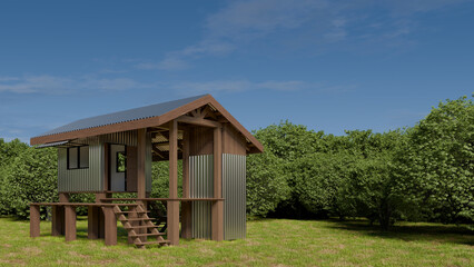 Fototapeta na wymiar A 3D-rendered traditional wooden cabin elevated on stilts, set against a backdrop of lush trees in a serene rural environment.