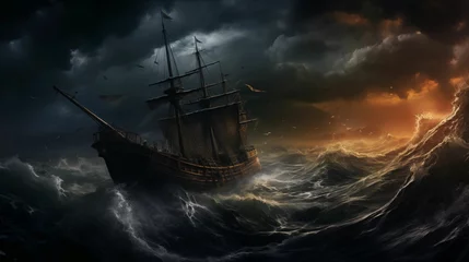 Fototapete Image of a ship in a stormy sea. © kept
