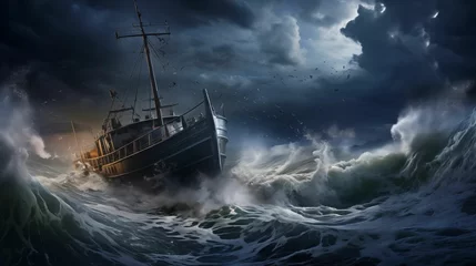 Rolgordijnen Image of a ship in a stormy sea. © kept