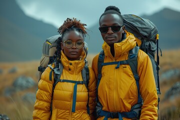 Fototapeta premium african young couple Hiking/Trekking in the mountains