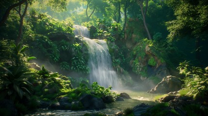 Image of a serene waterfall nestled within a lush forest.