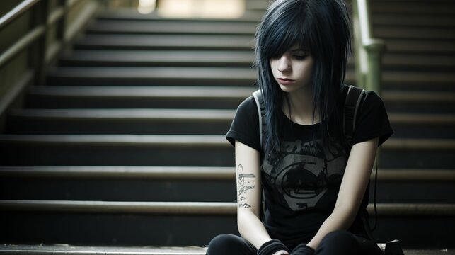 Image of a sad teenager dressed in emo.