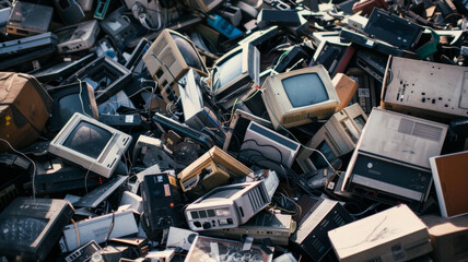 A heap of discarded electronic devices points to the growing issue of e-waste.