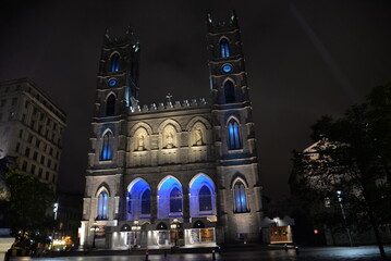 Fototapeta na wymiar Night scenes of Historic Old Montreal, Quebec, Canada with Notre Dame Basilica Cathedral